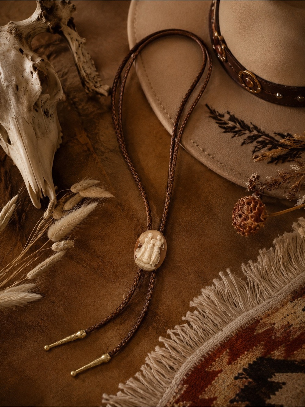 Handmade Cameo Bolo Tie Necklace in Brown Leather